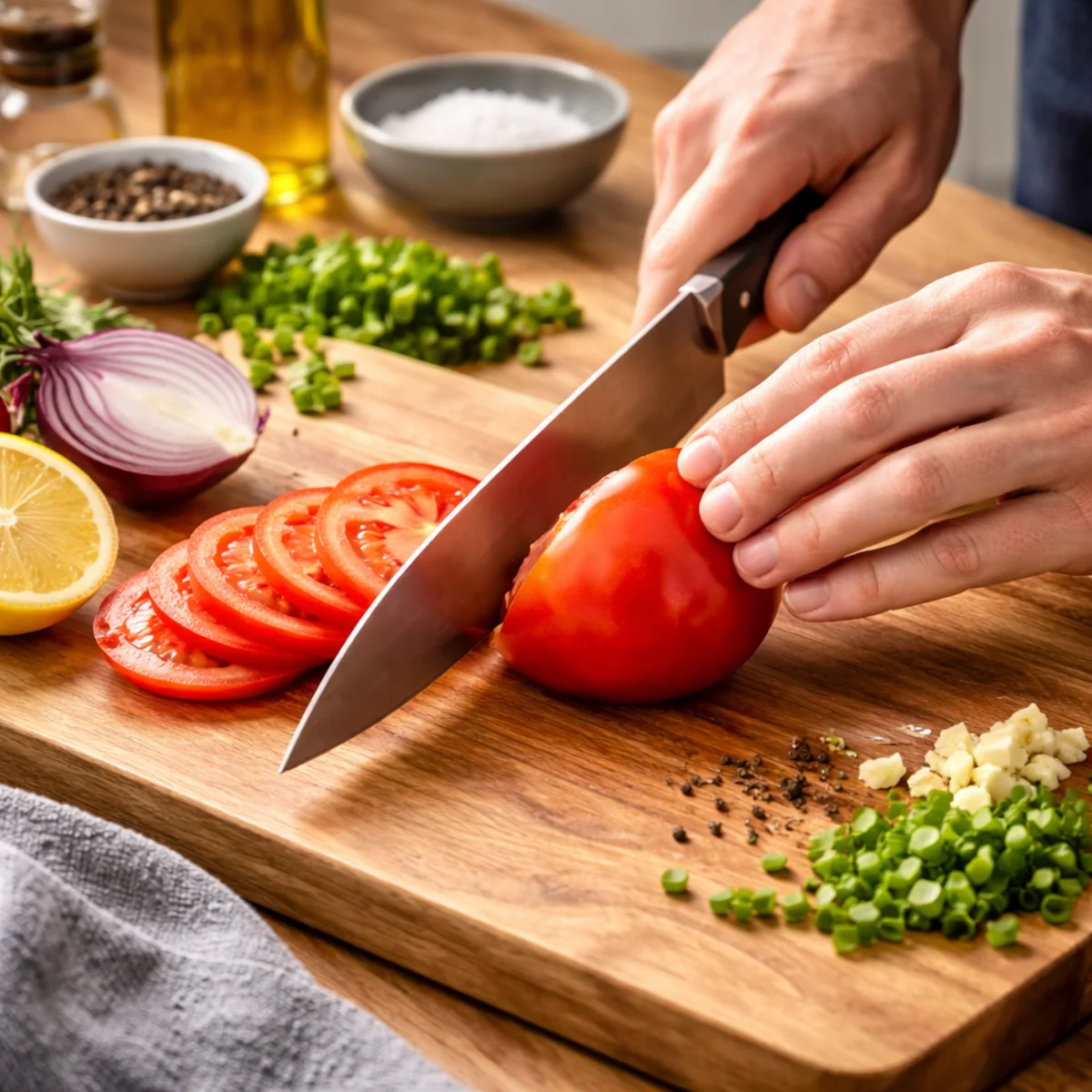 Ostry nóż kuchenny podczas krojenia pomidora na desce