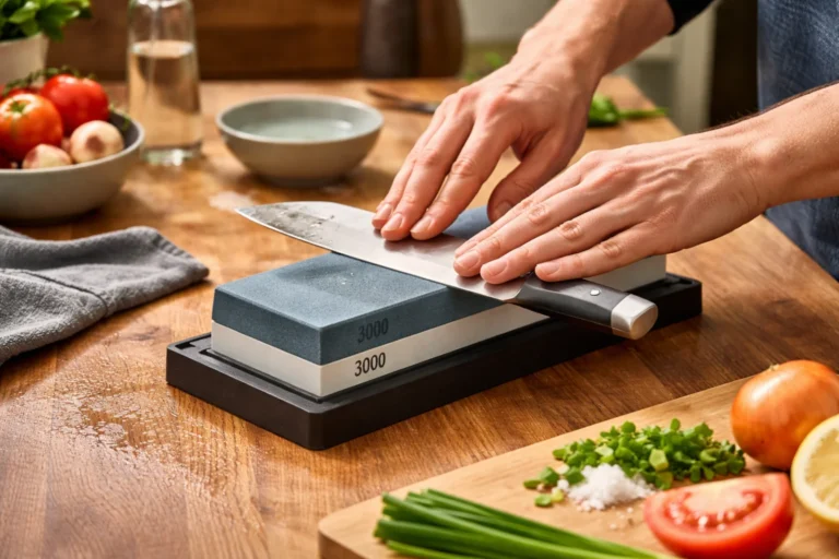 Ostrzenie noża w domu na kamieniu wodnym w kuchni