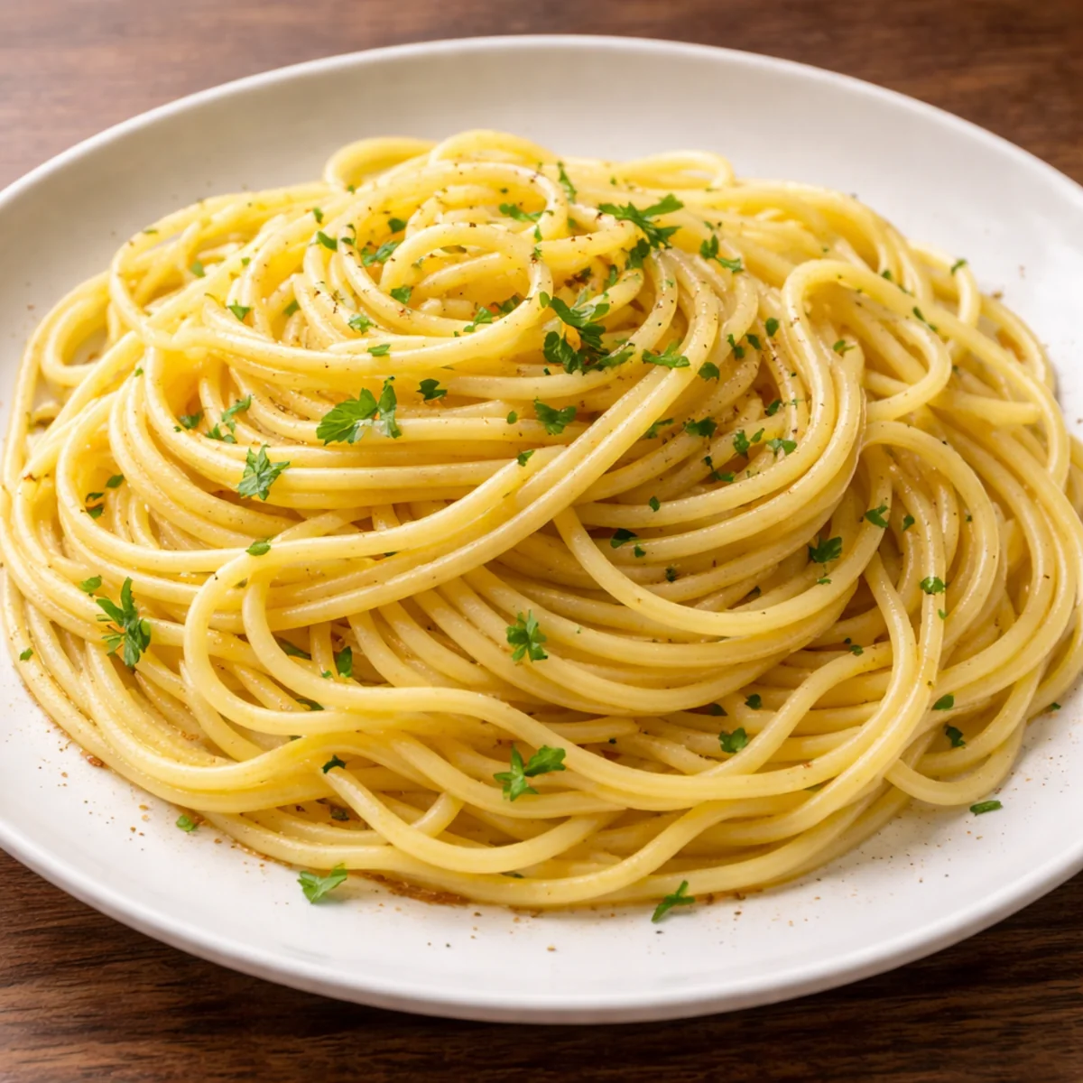 Perfekcyjnie ugotowany makaron spaghetti na białym talerzu, nitki luźne i niesklejone