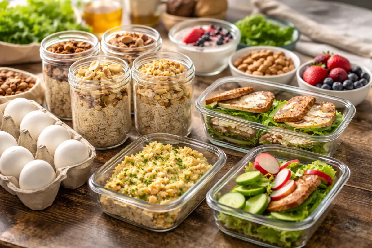 Plan śniadań na tydzień: słoiki z owsianką nocną, jajka na twardo i pudełka z gotowymi śniadaniami na drewnianym stole