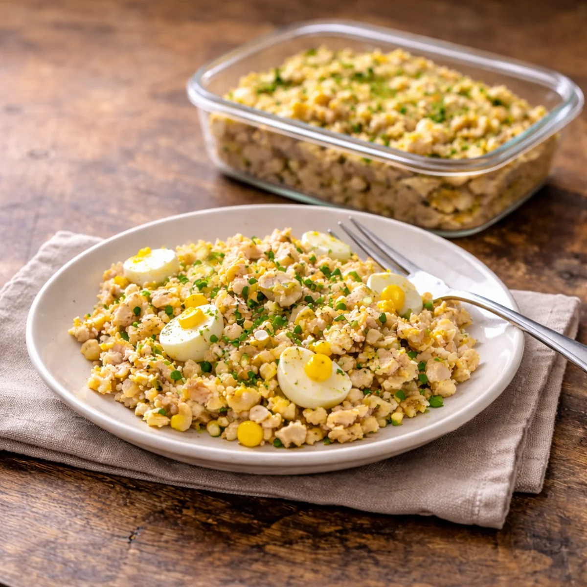 Pudełko z makaronem z tuńczykiem i jajkiem po wyjęciu porcji, meal prep do planu śniadań na tydzień