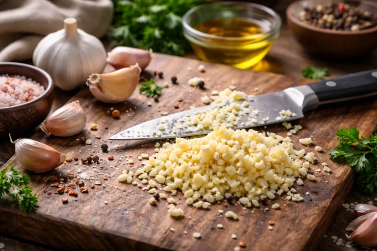 Posiekany czosnek na drewnianej desce obok noża i świeżych ząbków czosnku