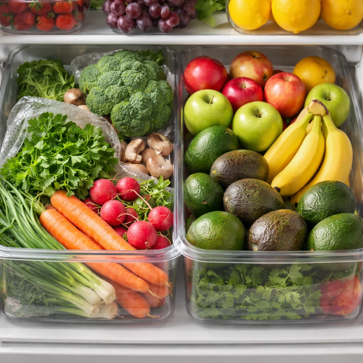 Szuflada w lodówce z warzywami i owocami, osobno ułożone brokuły, marchew, rzodkiewki, jabłka, banany i awokado