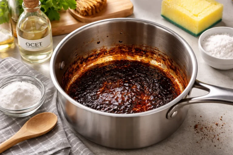 Przypalony cukier w garnku ze stali nierdzewnej na kuchennym blacie przed czyszczeniem