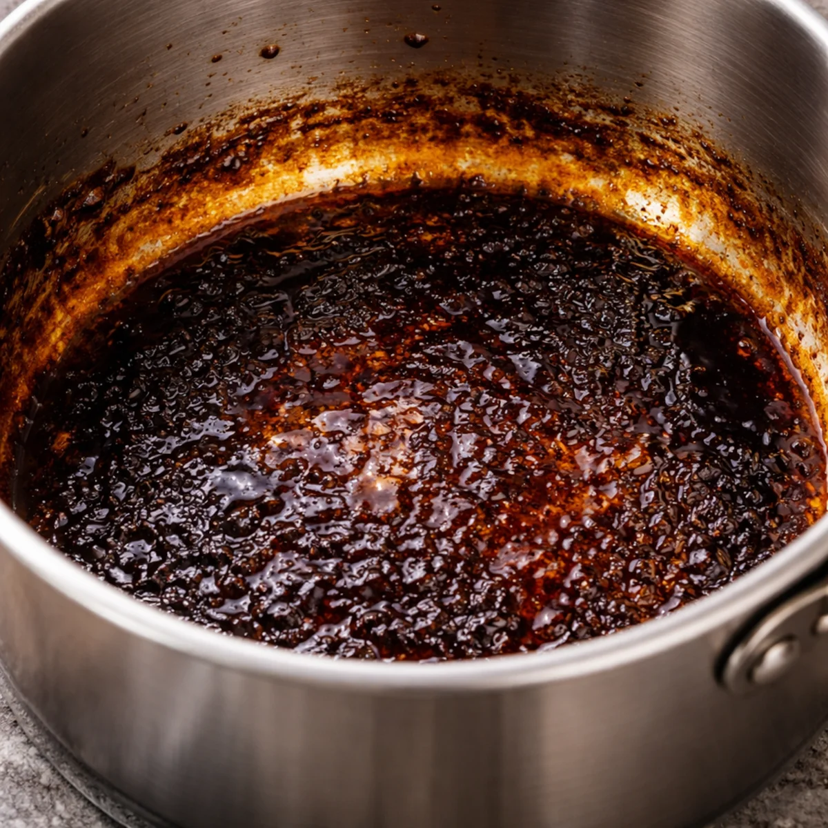 Zbliżenie na dno garnka z przypalonym karmelem i ciemnym osadem z cukru