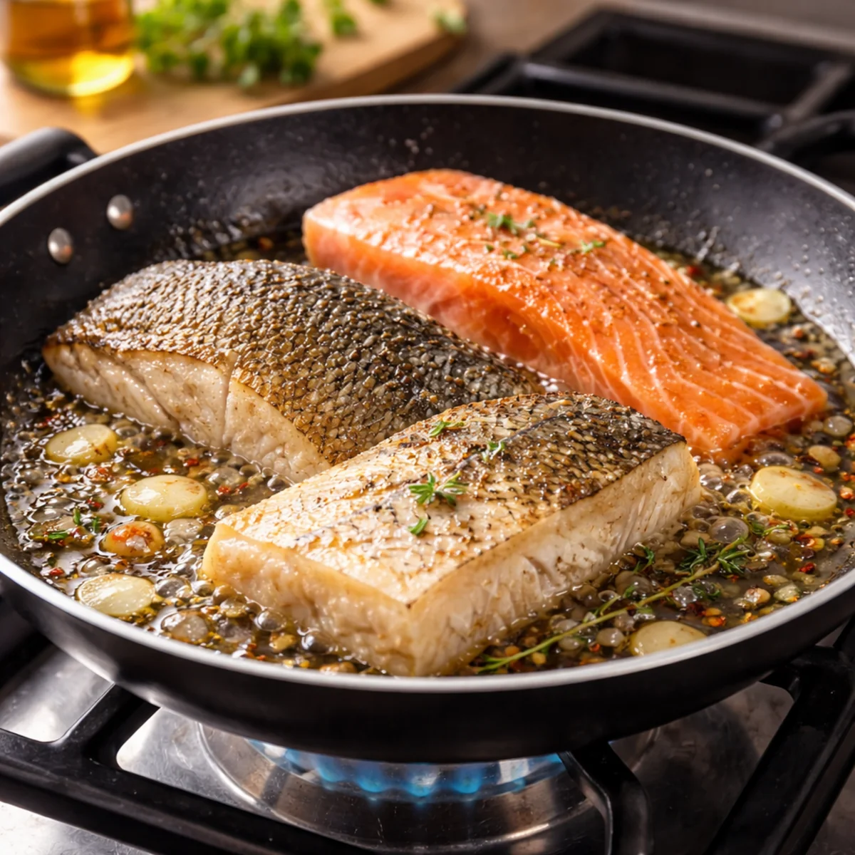 Ryba smażona na patelni na kuchence gazowej z przyprawami i gorącym tłuszczem