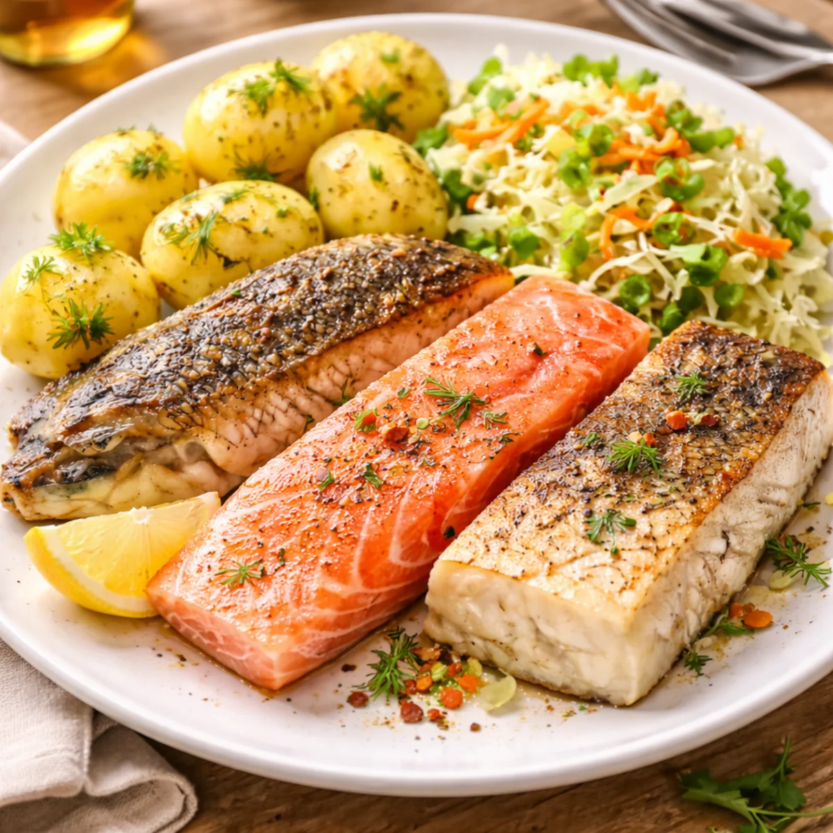 Smażona ryba podana na talerzu z ziemniakami i surówką z kapusty