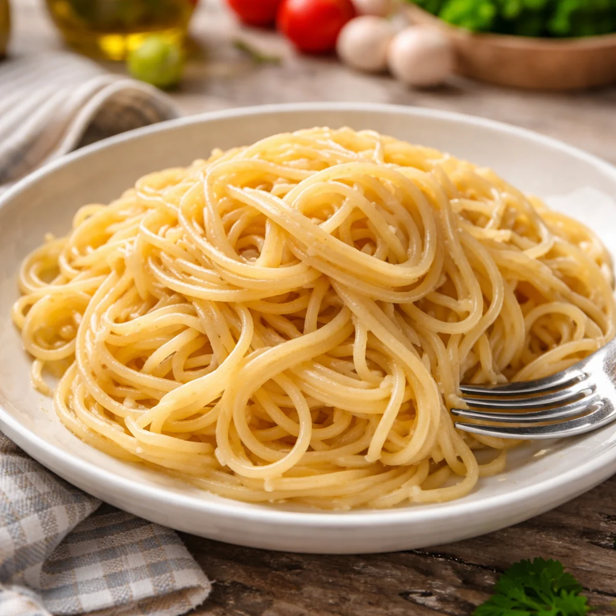 Sklejony makaron spaghetti podany na jasnym talerzu bez sosu