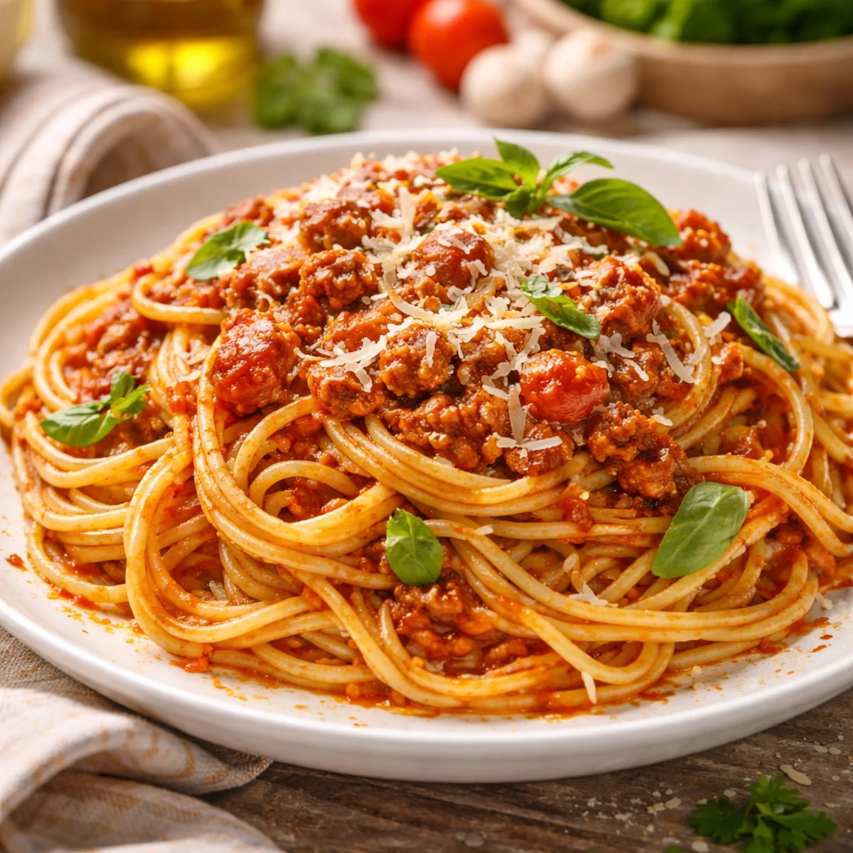 Gotowe spaghetti z sosem pomidorowo-mięsnym i bazylią podane na talerzu