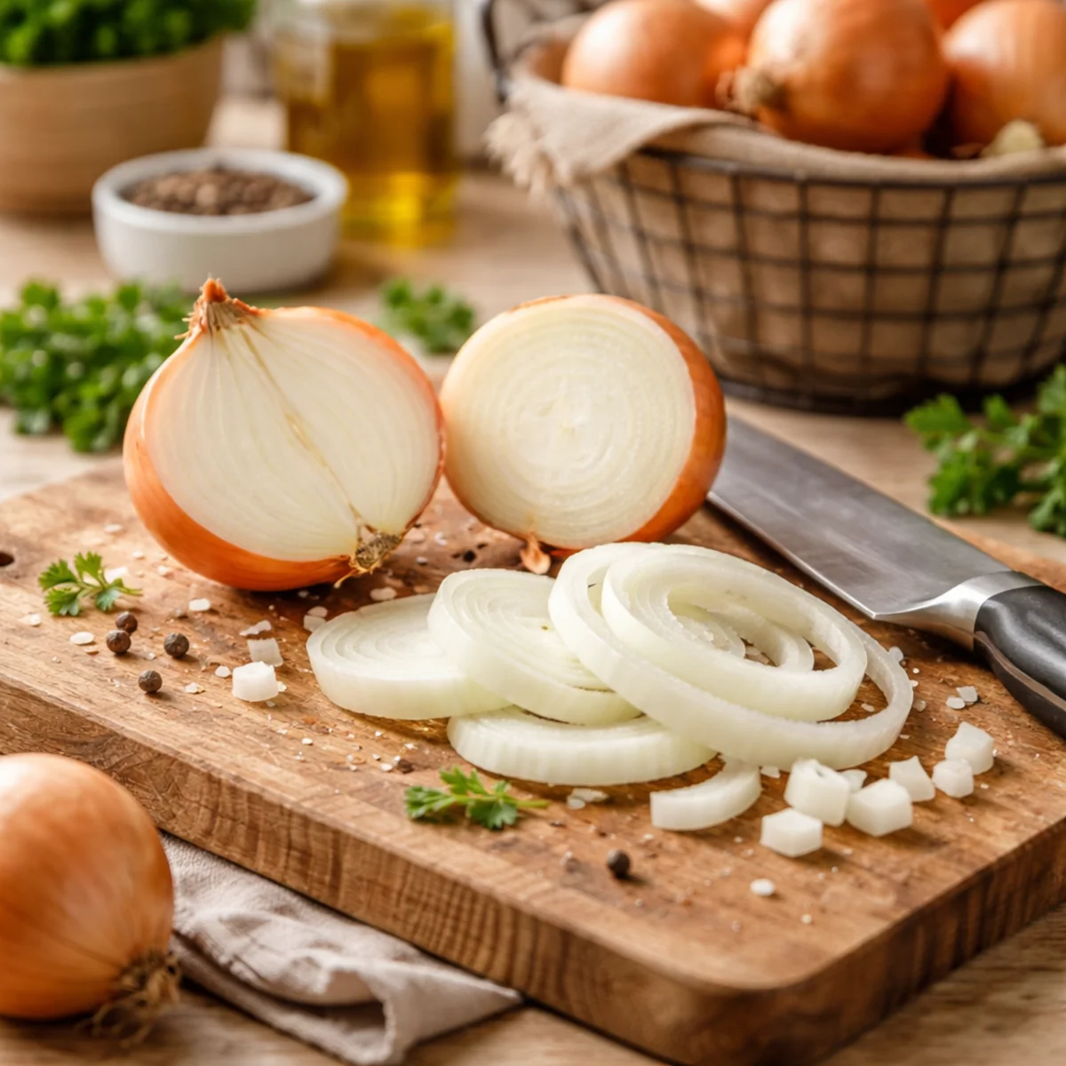Świeża cebula podczas krojenia na desce kuchennej obok noża i plasterków cebuli