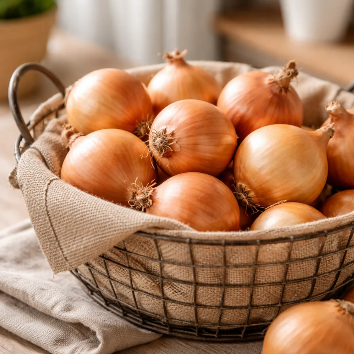 Zbliżenie na świeżą cebulę w przewiewnym koszyczku wyłożonym tkaniną