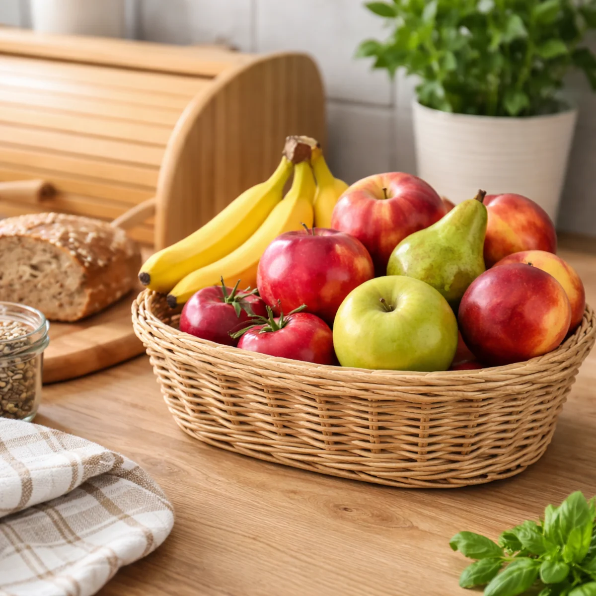 Wiklinowy koszyk na owoce obok chlebaka