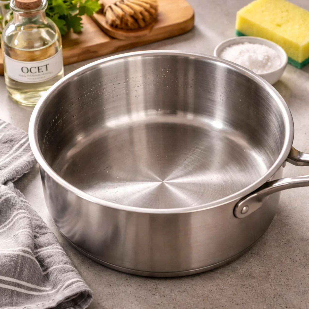 Wyczyszczony garnek ze stali nierdzewnej stojący na kuchennym blacie po usunięciu przypalonego cukru