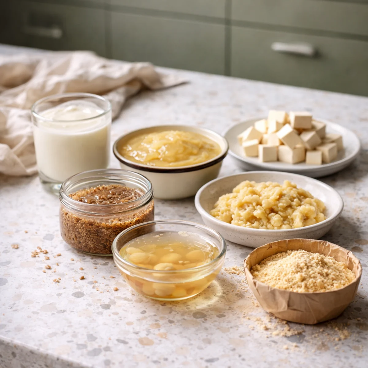 Zamienniki jajka na nowoczesnym jasnym blacie, w tym aquafaba, siemię lniane, mus jabłkowy, tofu i mąka z ciecierzycy