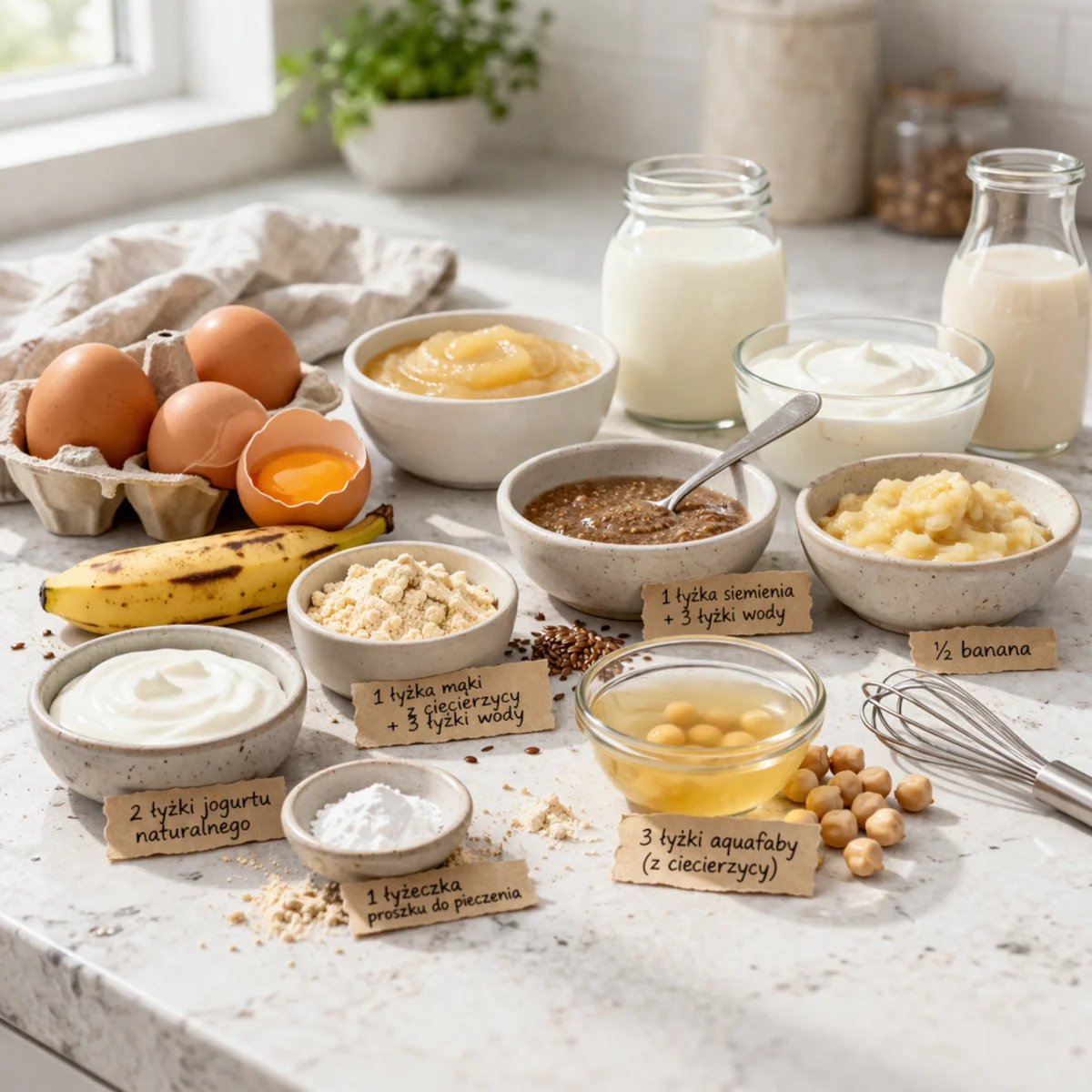 Zamienniki jajka w kuchni pokazane na jasnym blacie z podpisami, m.in. jogurt, siemię lniane, aquafaba, banan i mąka z ciecierzycy