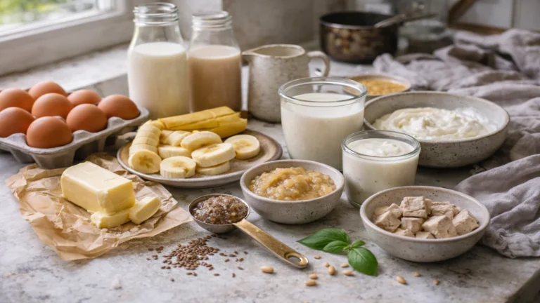 Różne zamienniki składników w kuchni na jasnym blacie, m.in. jajka, masło, banan, siemię lniane, jogurt, mleko i tofu