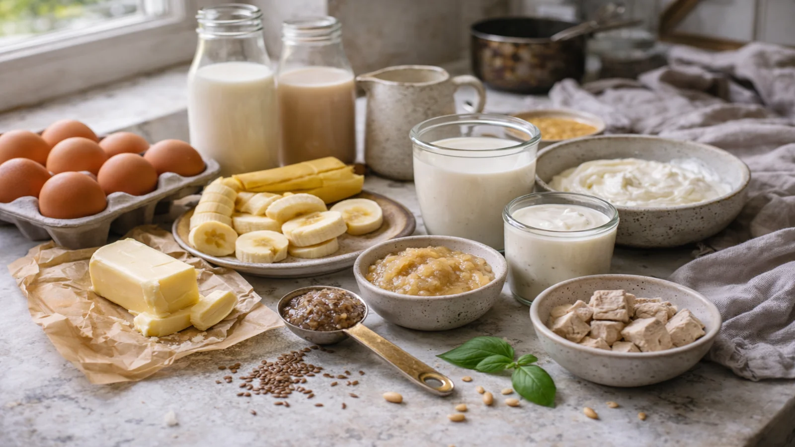Różne zamienniki składników w kuchni na jasnym blacie, m.in. jajka, masło, banan, siemię lniane, jogurt, mleko i tofu