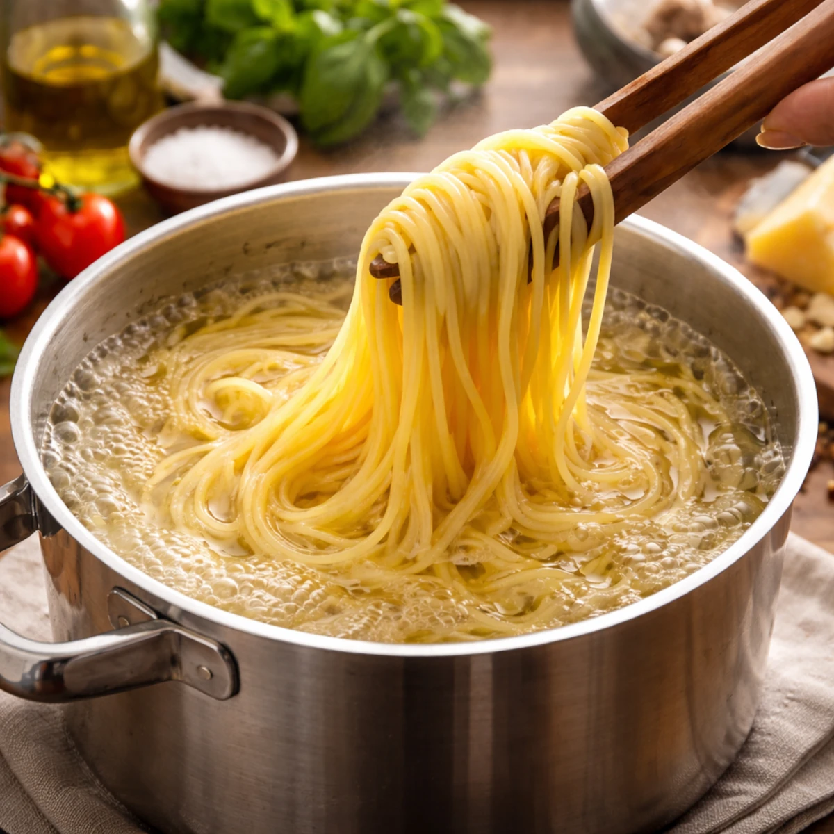 Zbliżenie na spaghetti gotujące się w garnku, makaron unoszony szczypcami nad wodą