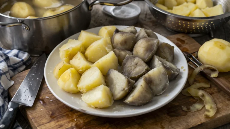 Ugotowane ziemniaki na talerzu obok garnka i durszlaka, część ziemniaków ma ciemniejsze przebarwienia po ugotowaniu