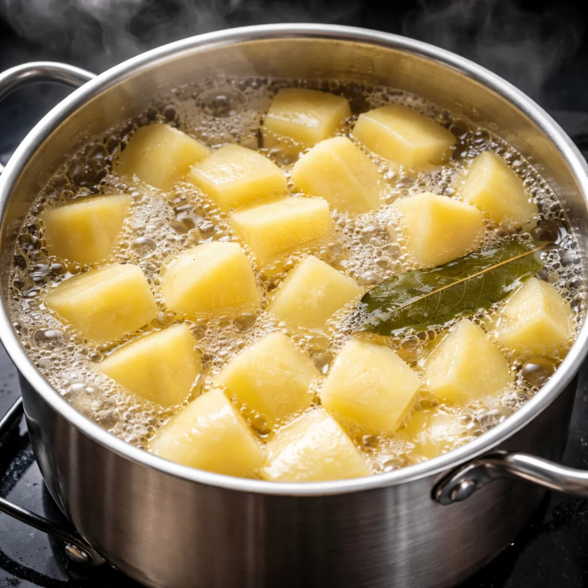 Zbliżenie na ziemniaki gotujące się w garnku na kuchence, kawałki ziemniaków w lekko bulgoczącej wodzie