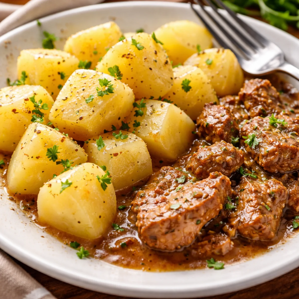 Ugotowane ziemniaki podane z mięsem i sosem na talerzu, domowy obiad z jasnymi ziemniakami