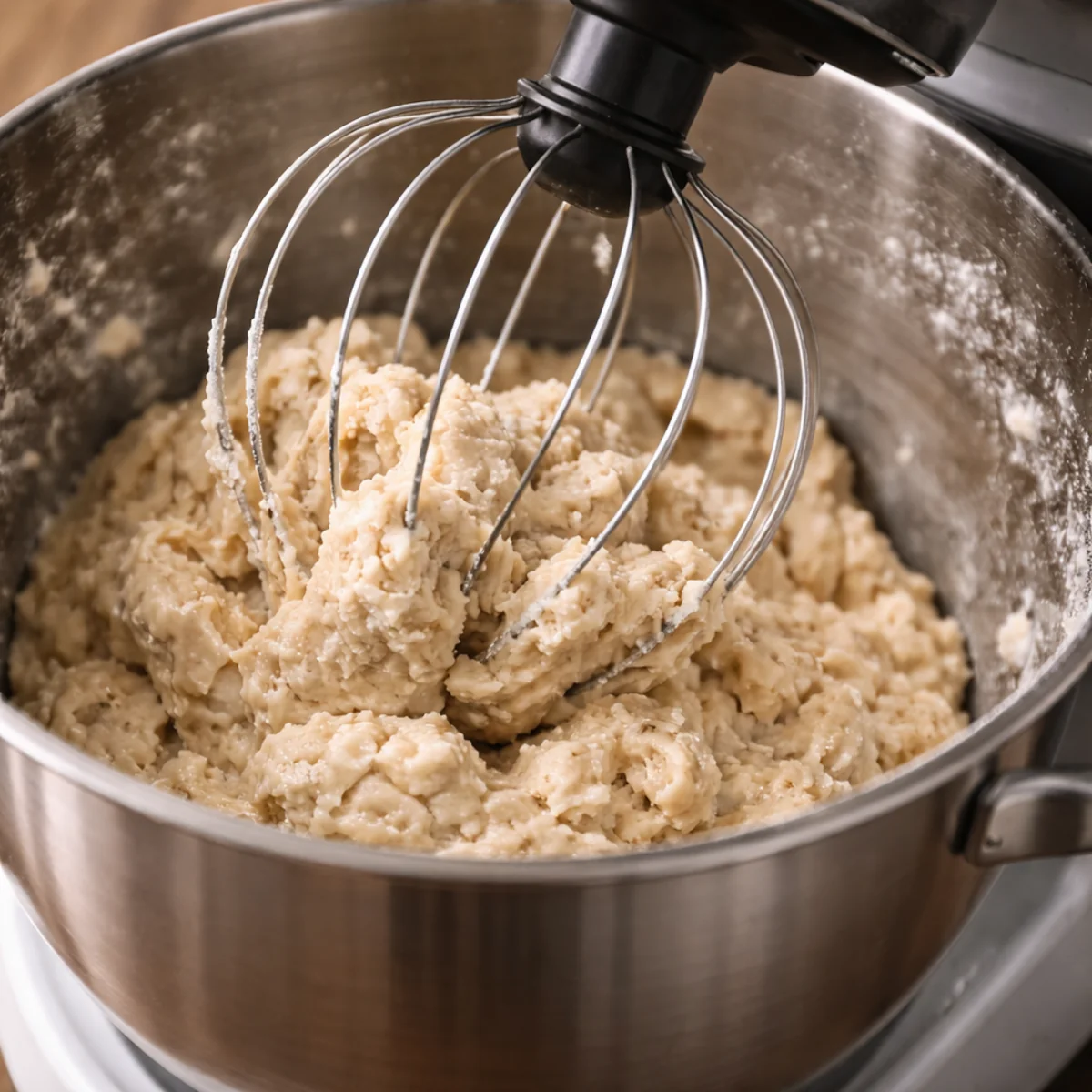 Makro na ciasto wyrabiane w metalowej misie robota kuchennego