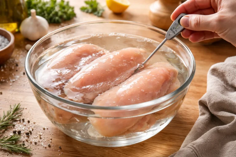 Rozmrażanie piersi z kurczaka w misce z wodą na kuchennym blacie