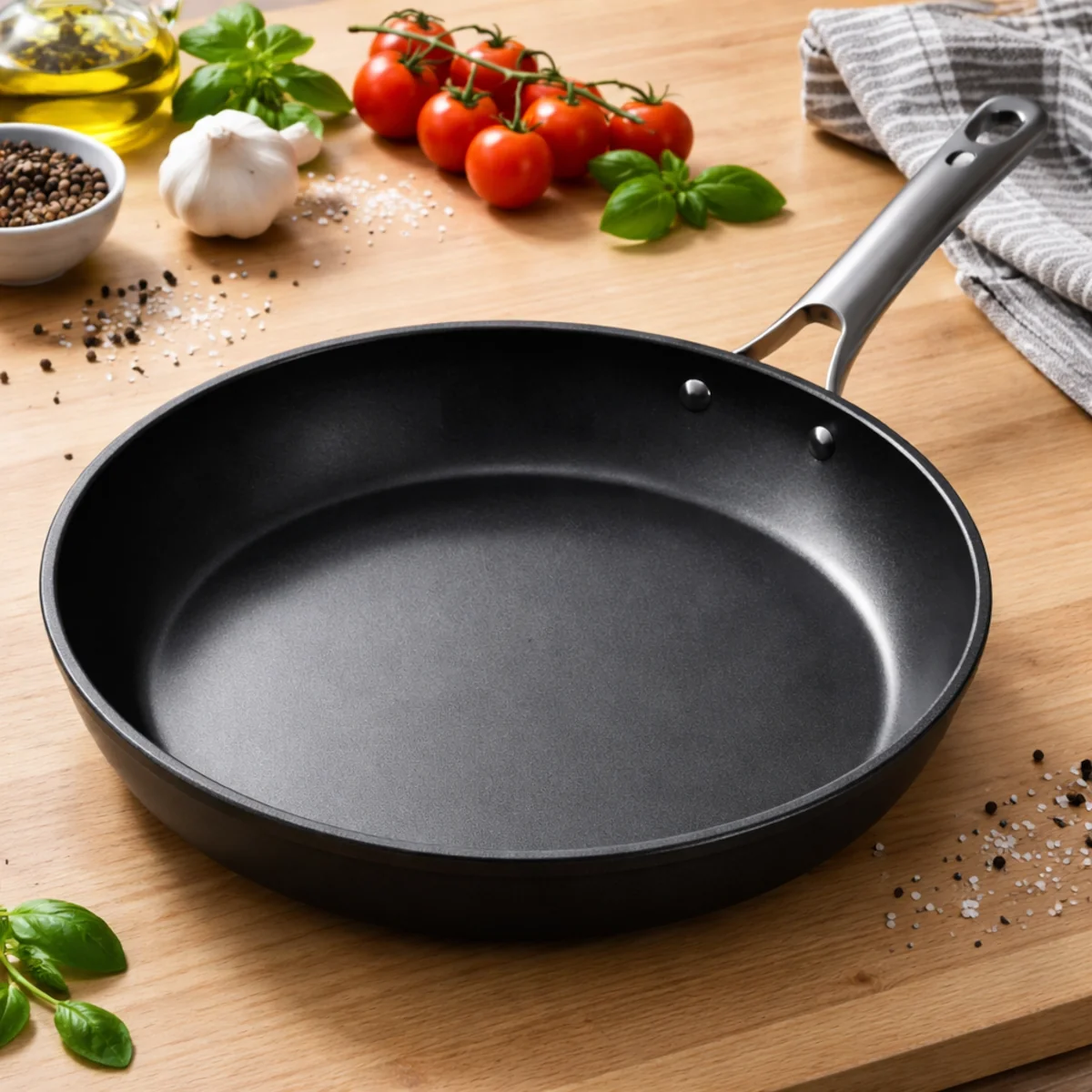 Czysta patelnia leżąca na kuchennym blacie przed użyciem