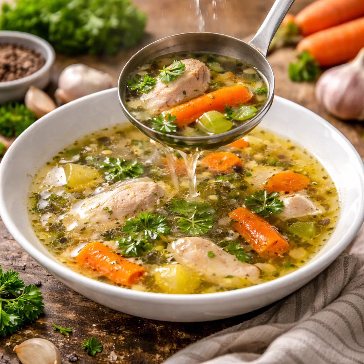 Domowy bulion nalewany chochlą do białego talerza z kawałkami kurczaka i warzywami