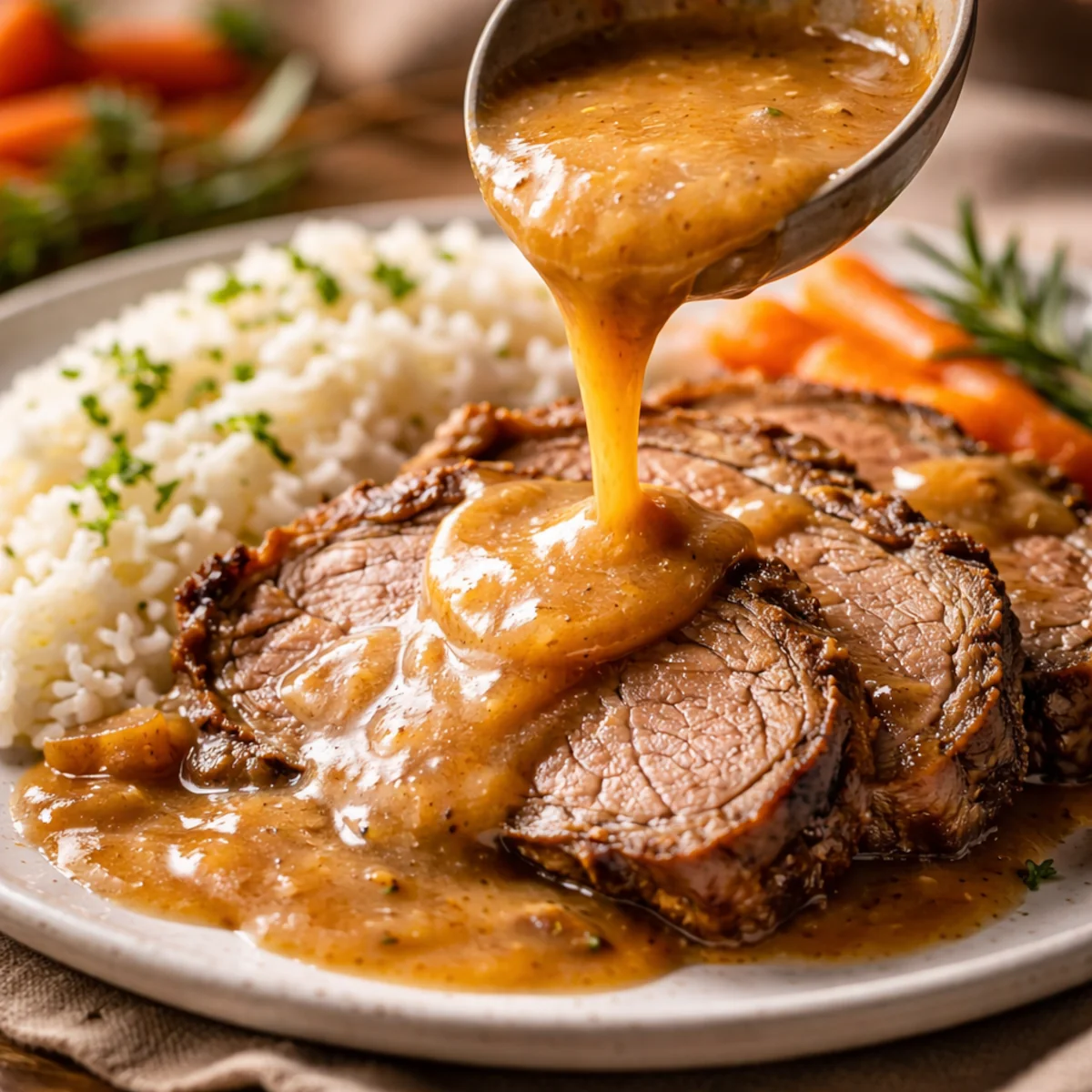 Gęsty sos polewany na plastry mięsa i ryż na talerzu, z wyraźnie widoczną kremową konsystencją