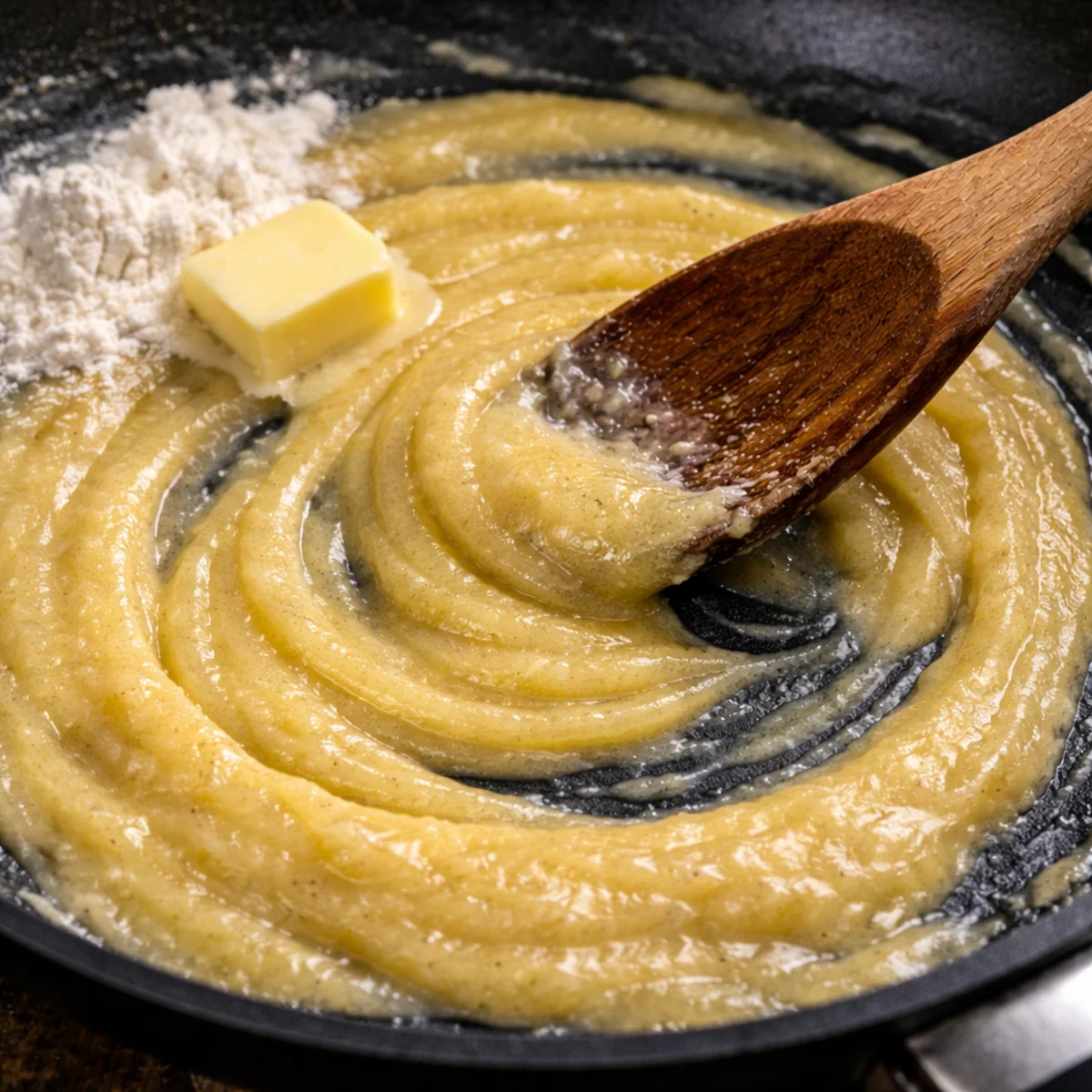 Zbliżenie na gładką strukturę zasmażki bez grudek podczas mieszania