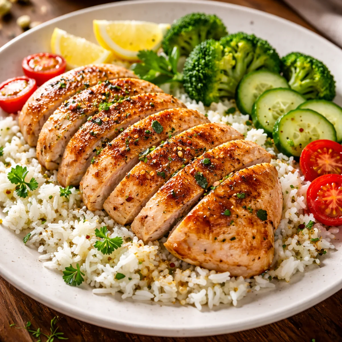 Gotowe mięso z ryżem i warzywnymi dodatkami podane na talerzu