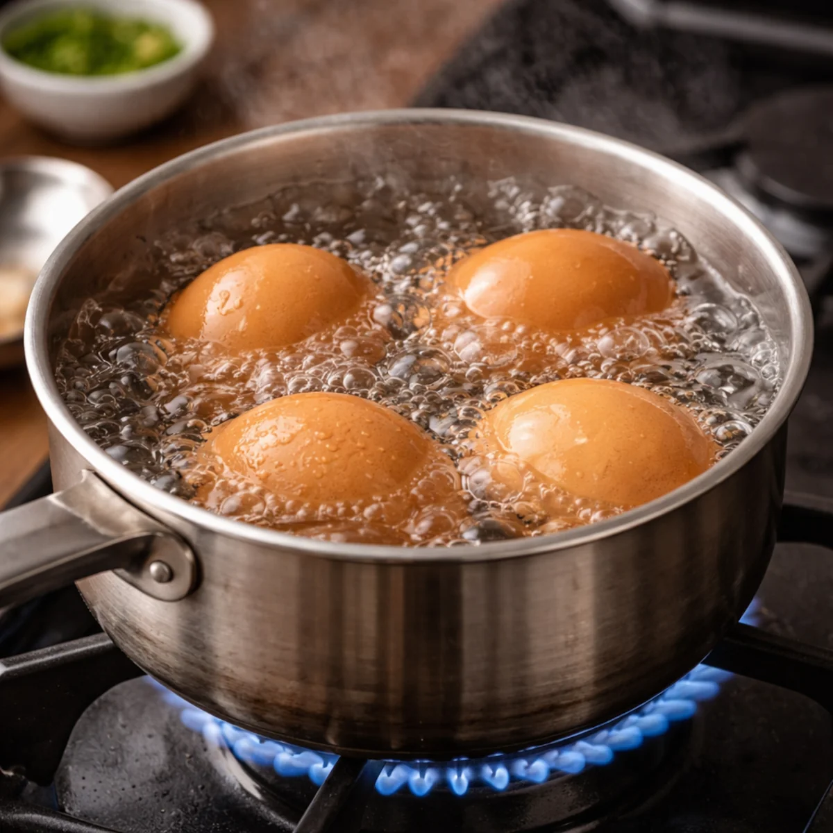 Jajka gotujące się w rondelku na kuchence gazowej podczas przygotowania jajek na miękko