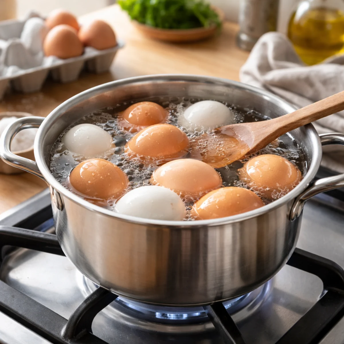 Jajka gotujące się w garnku na kuchence podczas przygotowywania jajek na twardo