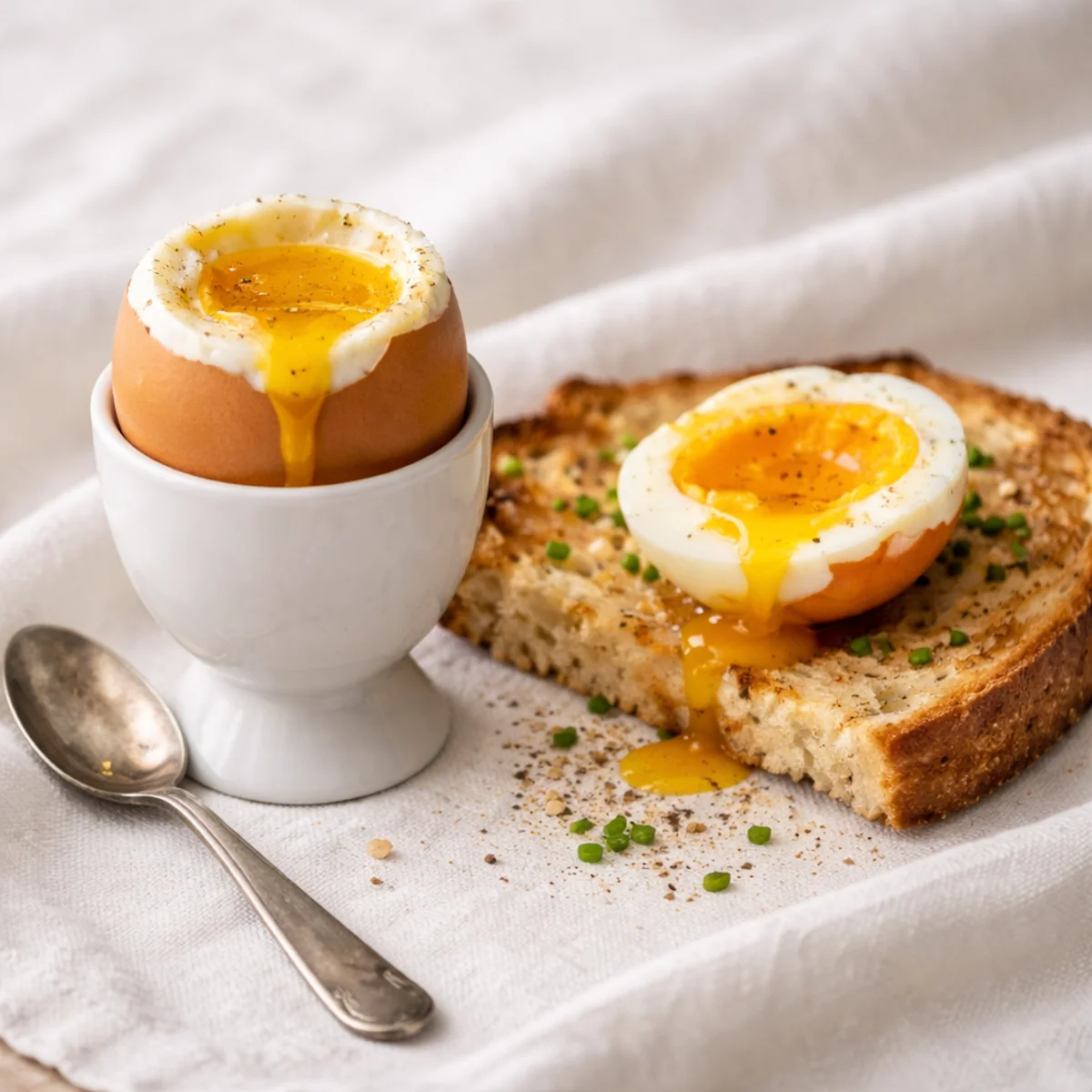 Jajko na miękko podane w kieliszku na białym obrusie, obok kromka pieczywa z płynnym żółtkiem