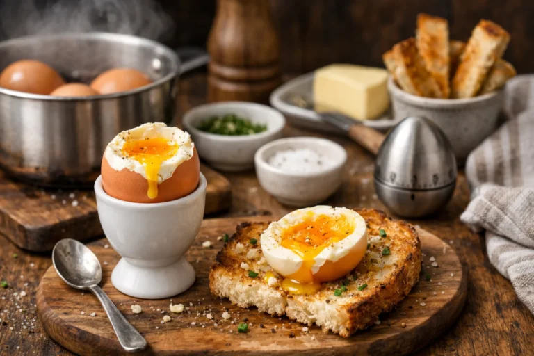 Jajko na miękko w kieliszku i przekrojone jajko na grzance z płynnym żółtkiem na drewnianym stole