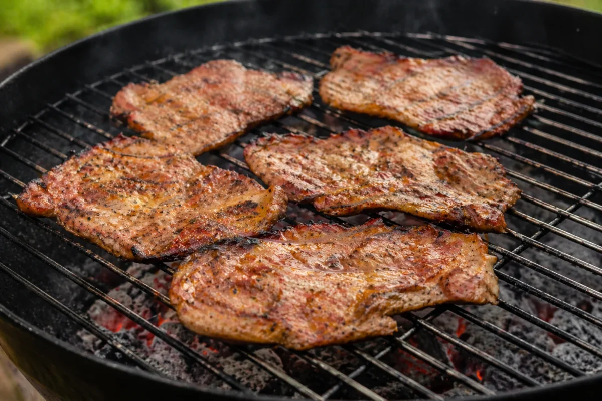 Cienkie plastry karkówki grillowane na ruszcie nad żarem