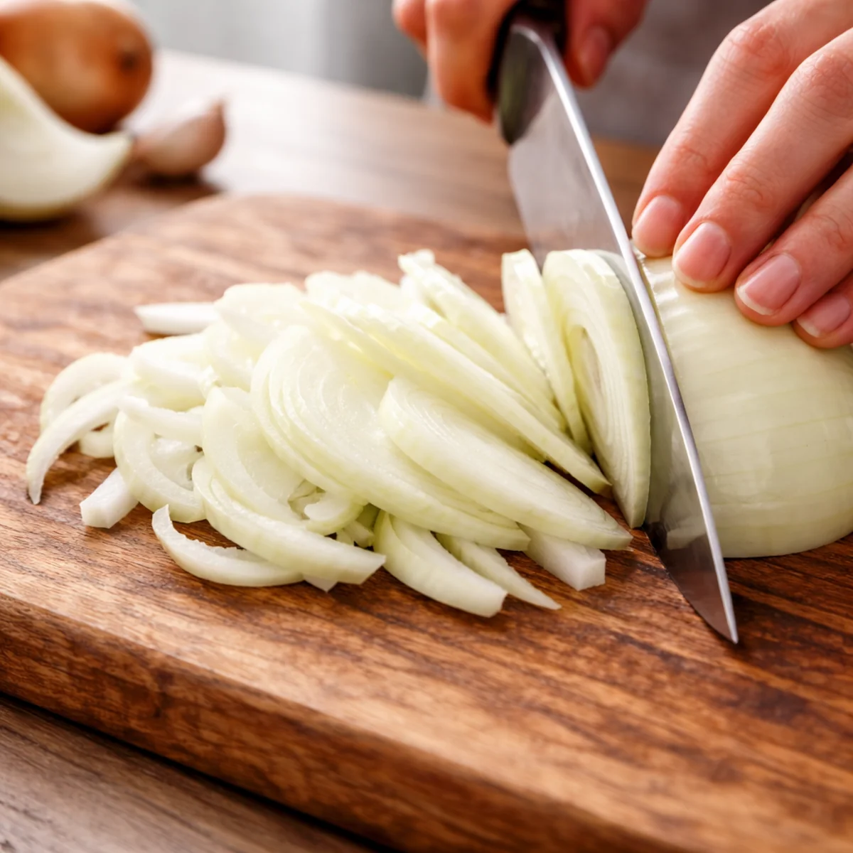 Krojenie cebuli w piórka na drewnianej desce kuchennej