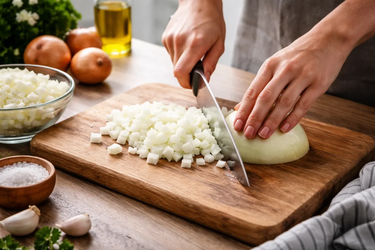 Krojenie cebuli na drewnianej desce ostrym nożem w domowej kuchni