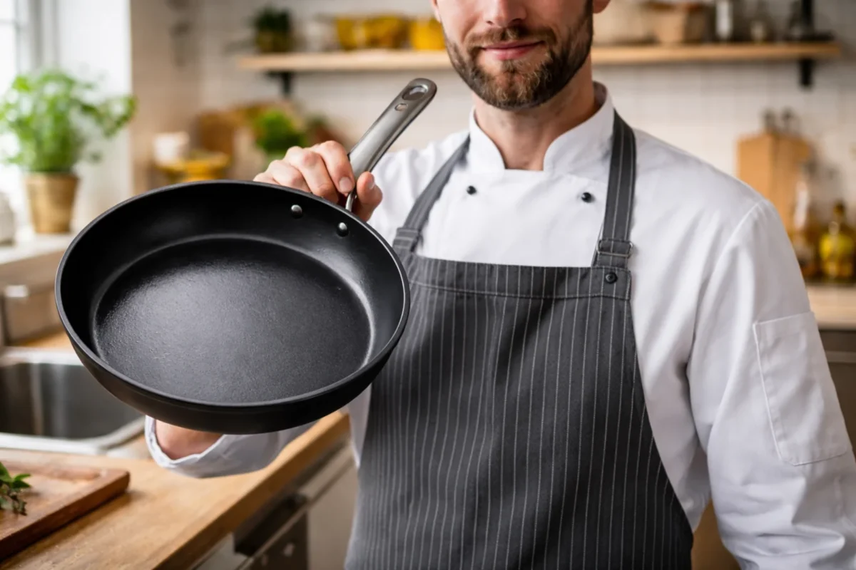 Kucharz trzyma w ręku czystą patelnię w nowoczesnej kuchni