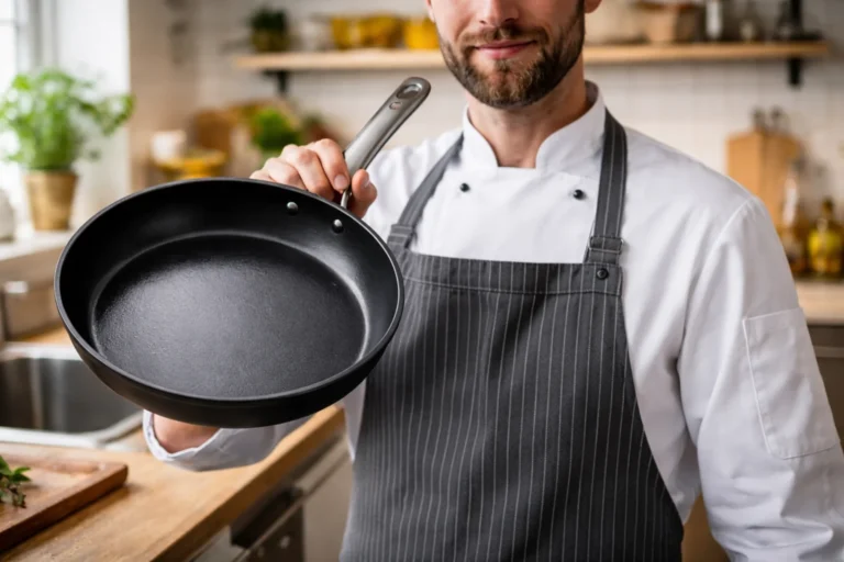 Kucharz trzyma w ręku czystą patelnię w nowoczesnej kuchni