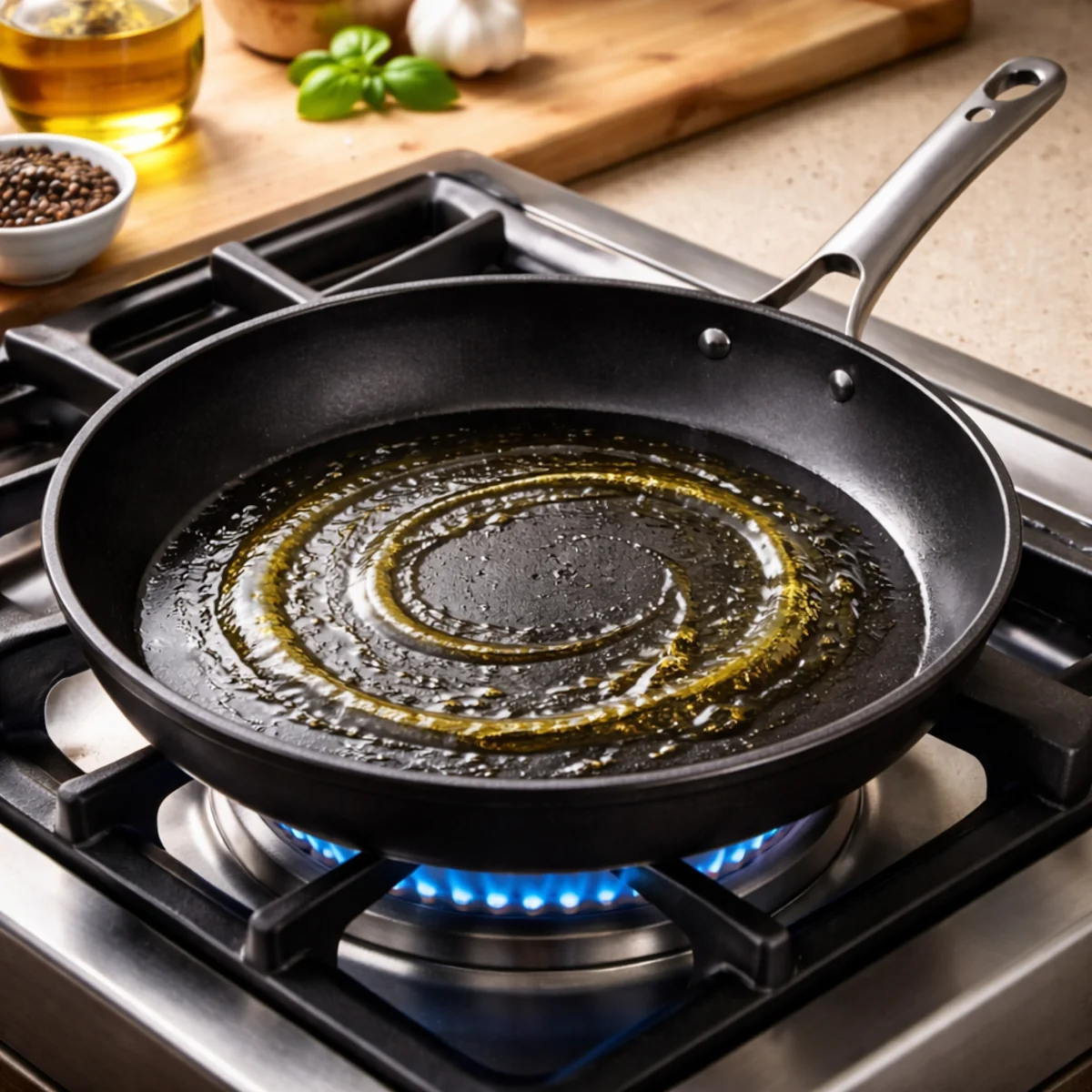Patelnia rozgrzewana na kuchence gazowej z cienką warstwą oleju na dnie