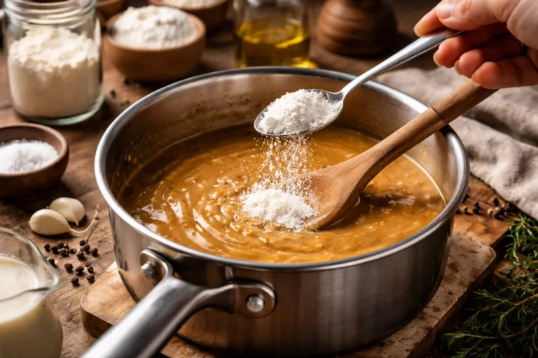 Zagęszczanie sosu w rondlu przy użyciu skrobi, z widoczną gęstniejącą konsystencją sosu