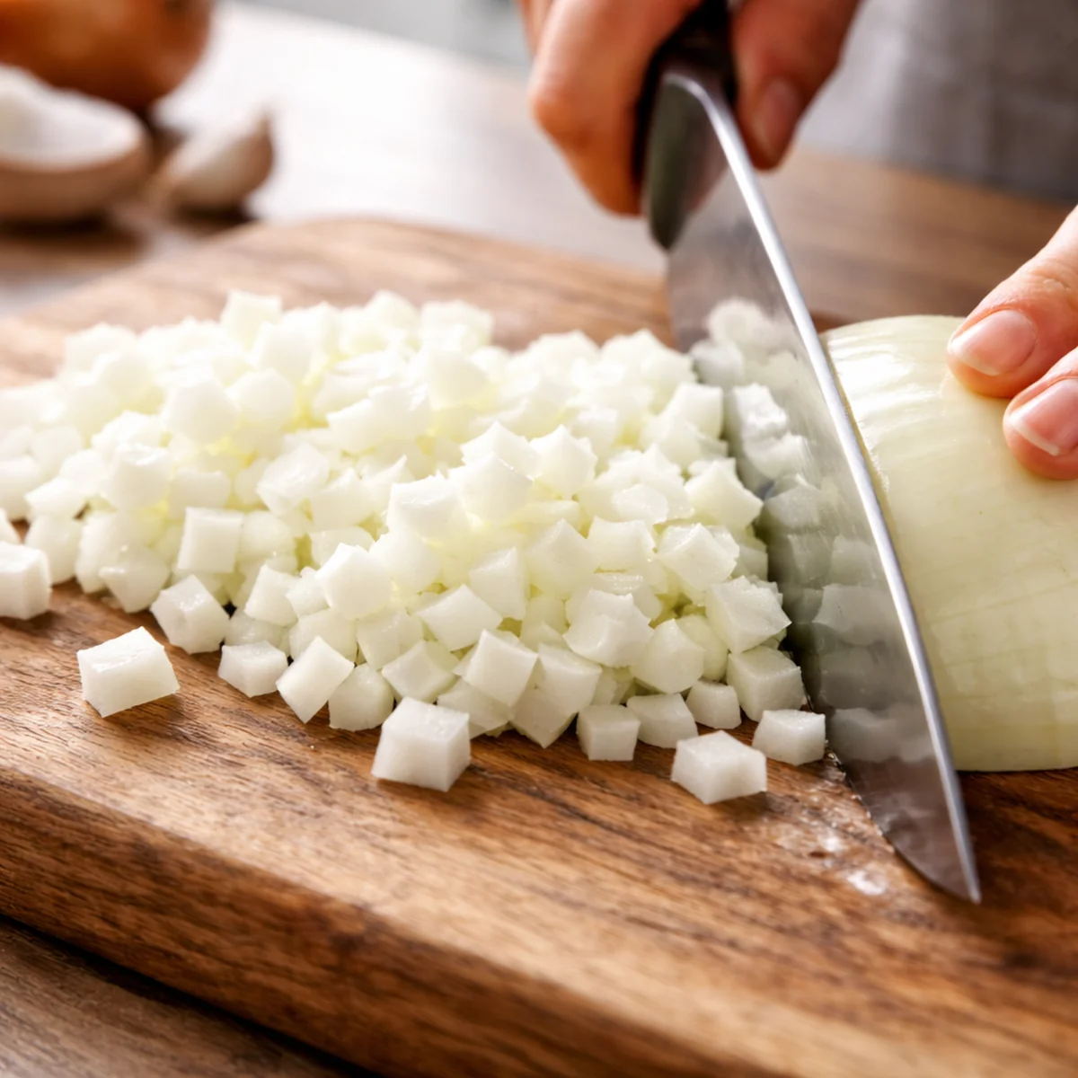 Makro zbliżenie na krojoną cebulę przy ostrzu noża na drewnianej desce