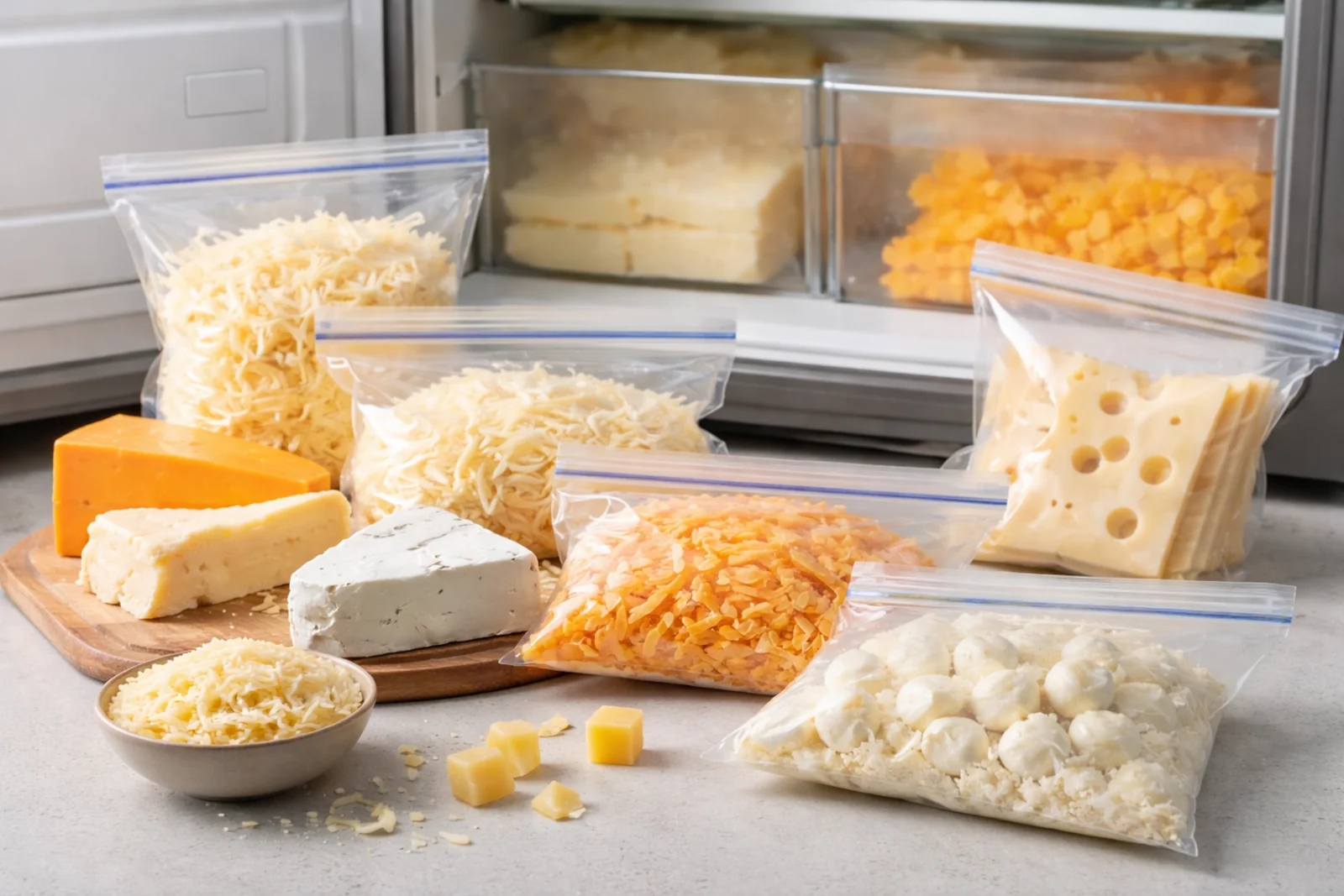Różne rodzaje sera przygotowane do mrożenia w woreczkach obok otwartego zamrażalnika