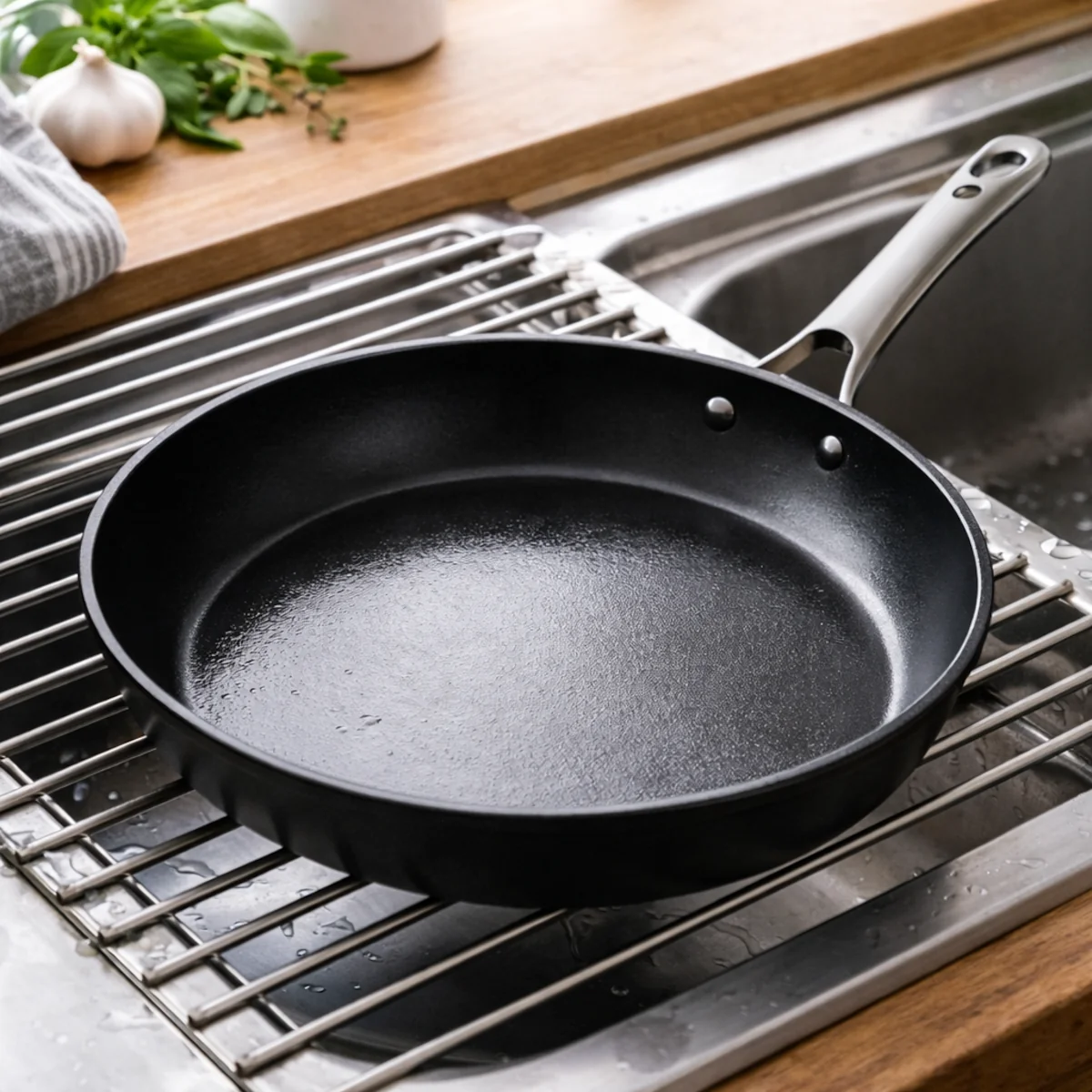 Umyta patelnia odłożona na ociekacz obok zlewu kuchennego