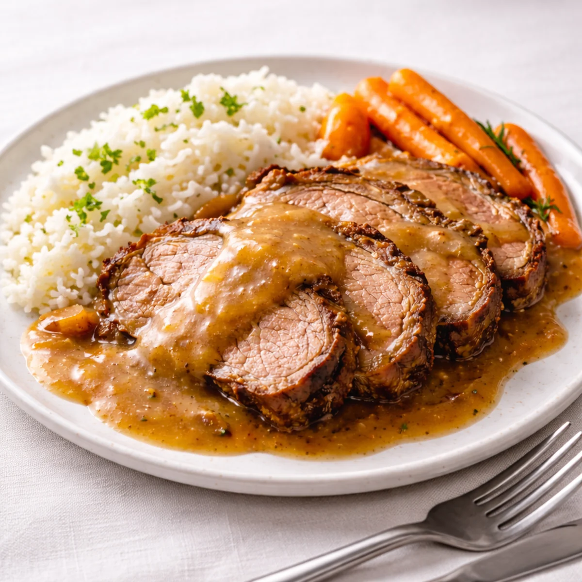 Mięso z ryżem i marchewką polane gęstym sosem, podane na białym obrusie z prostymi sztućcami
