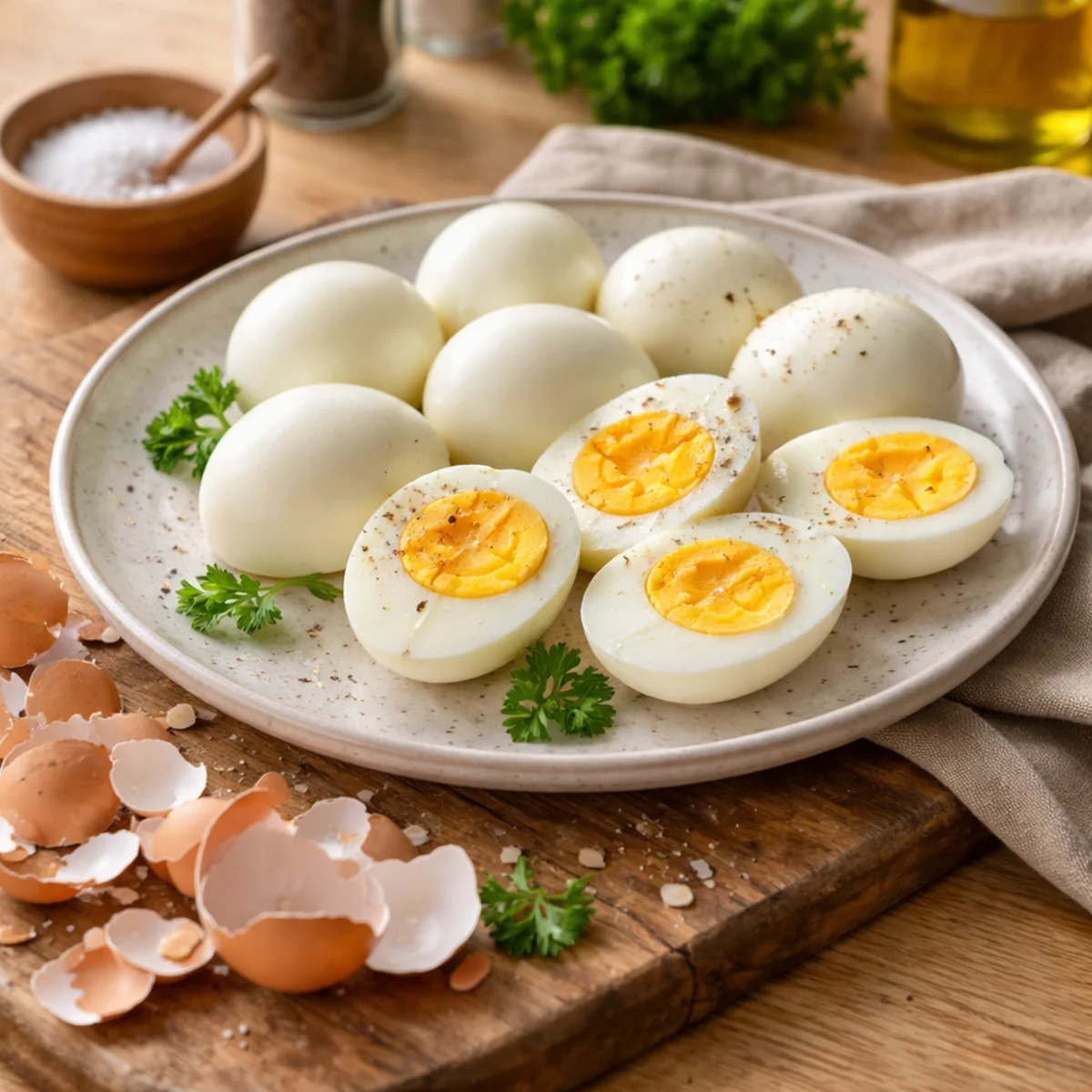 Obrane jajka na twardo ułożone na talerzu obok skorupek po gotowaniu