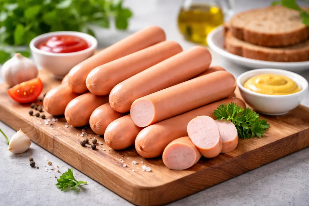 Parówki ułożone na drewnianej desce z ketchupem, musztardą, pieczywem i natką pietruszki