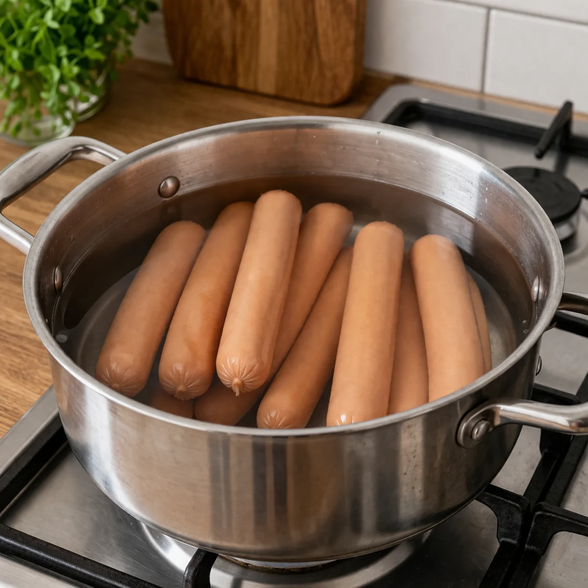 Parówki w garnku z wodą ustawionym na kuchence gazowej z wyłączonym palnikiem